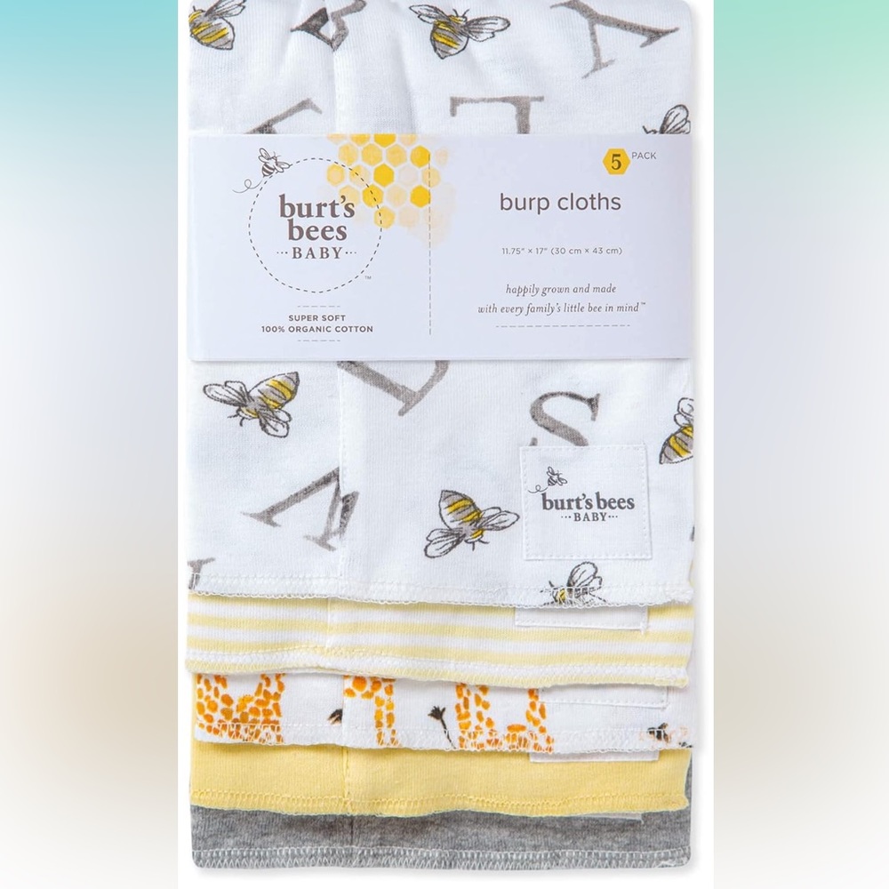 NEW Burt’s Bees Burp Cloths, 5 Pack